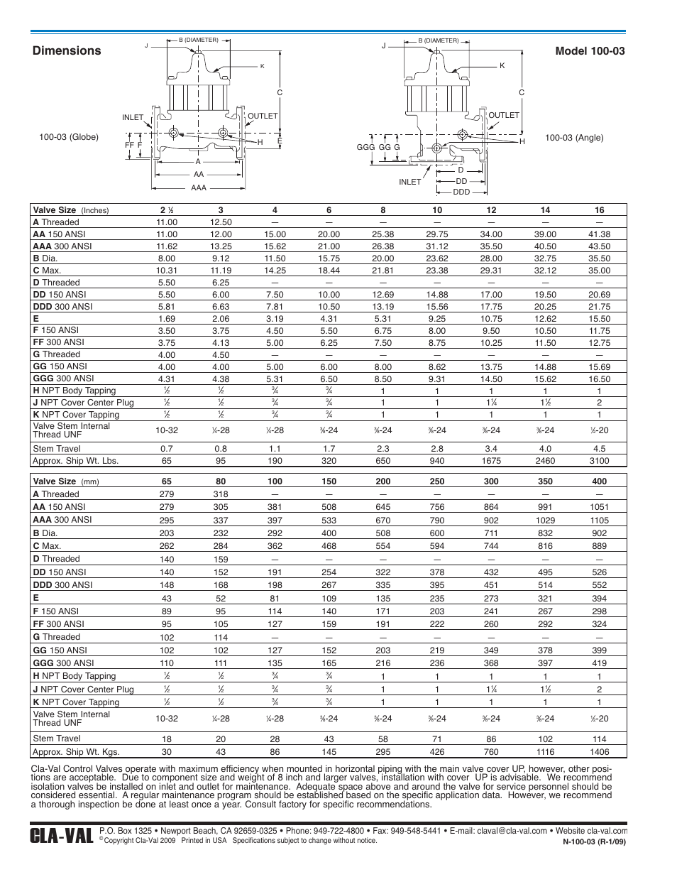 N-100-03_2, Cla-val, Dimensions | Cla-Val 100-03 User Manual | Page 8 / 8