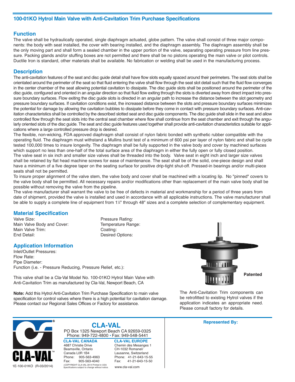 Cla-val, Description, Material specification | Application information | Cla-Val 100-01KO User Manual | Page 4 / 4