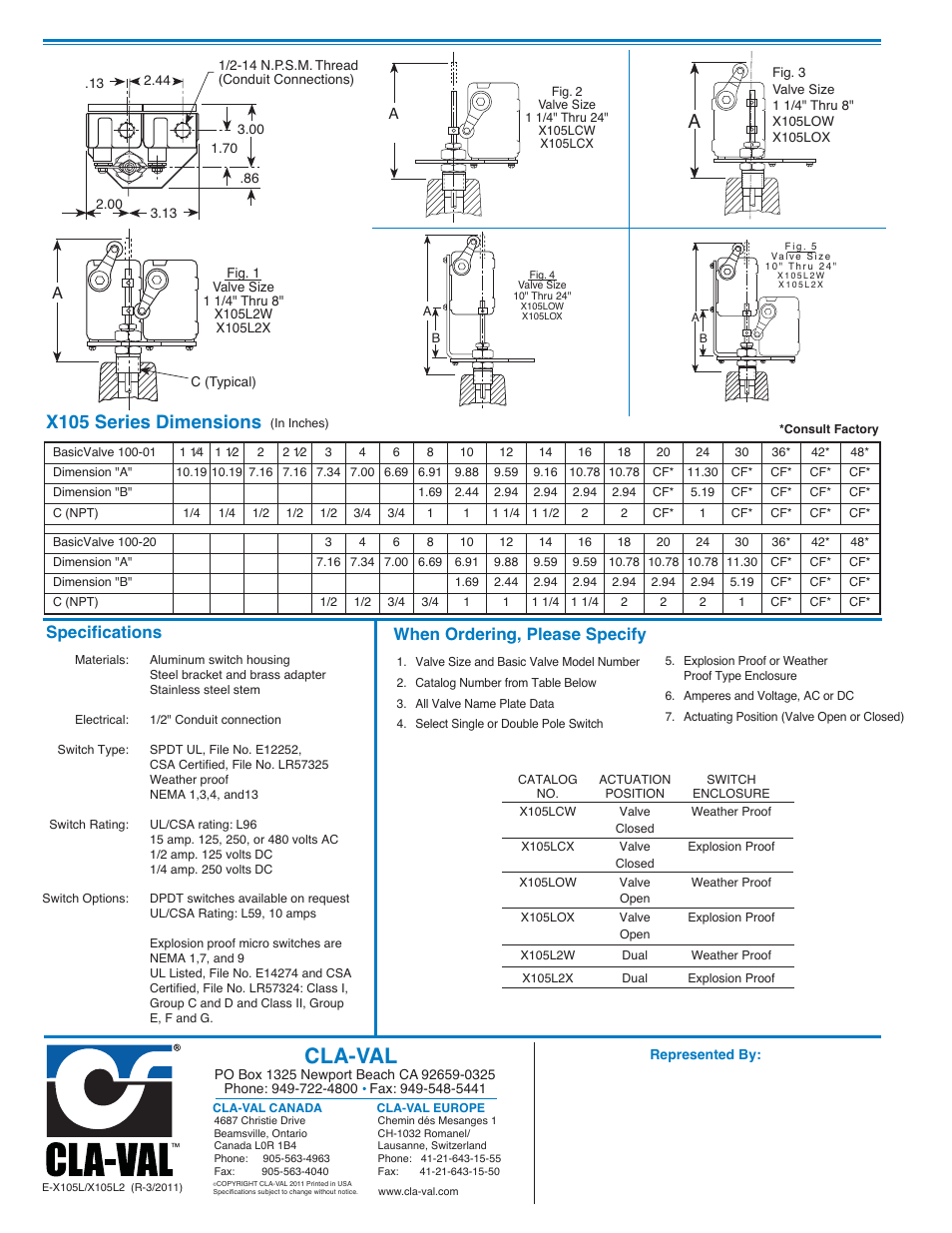 Cla-val, X105 series dimensions, Specifications | When ordering, please specify | Cla-Val X105L/X105L2 User Manual | Page 2 / 2