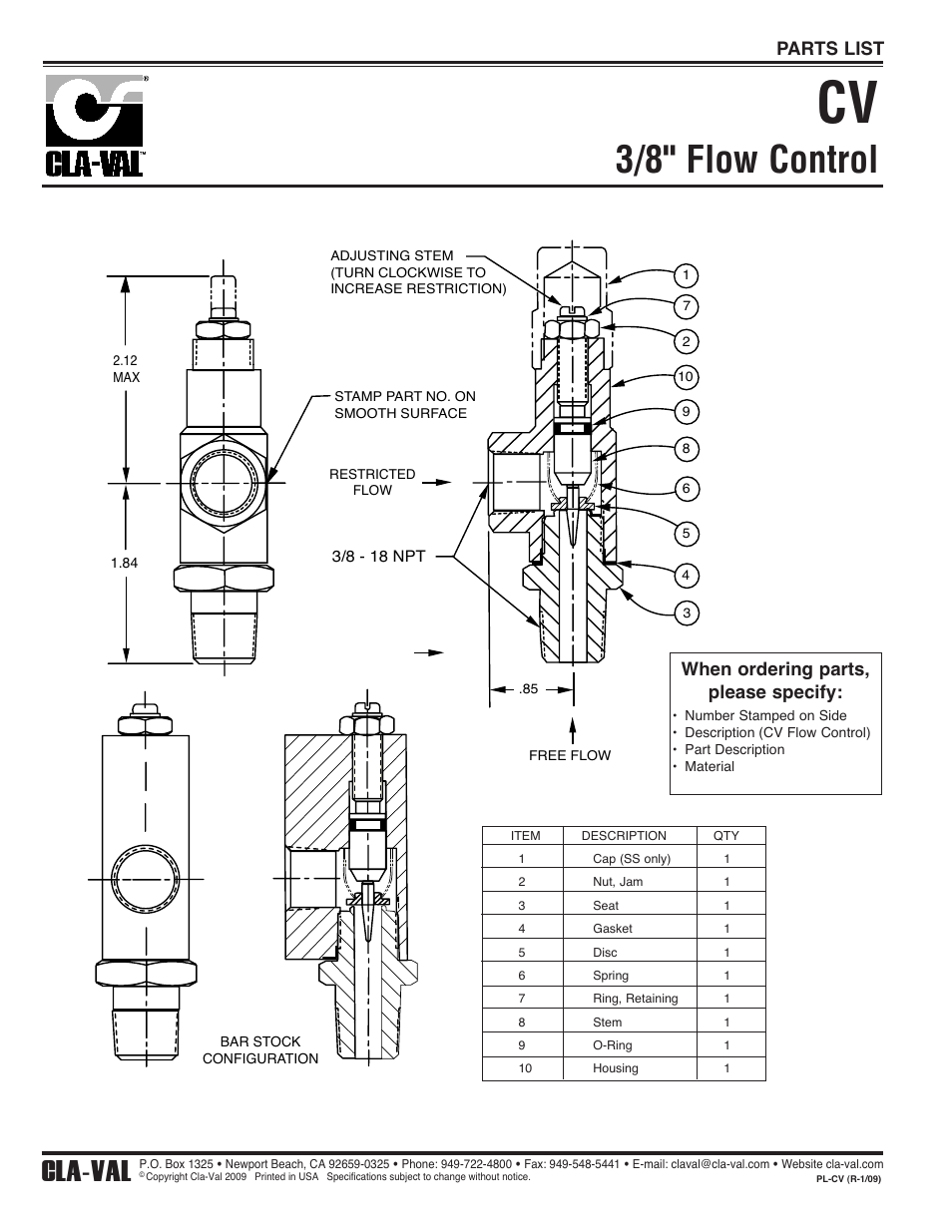 3/8" flow control, Cla-val, When ordering parts, please specify | Parts list | Cla-Val CV User Manual | Page 2 / 2