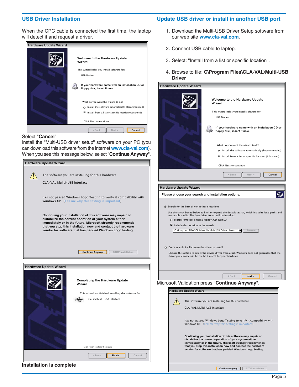 Usb driver installation, Update usb driver or install in another usb port, Page 5 | Cla-Val CPC User Manual | Page 5 / 12