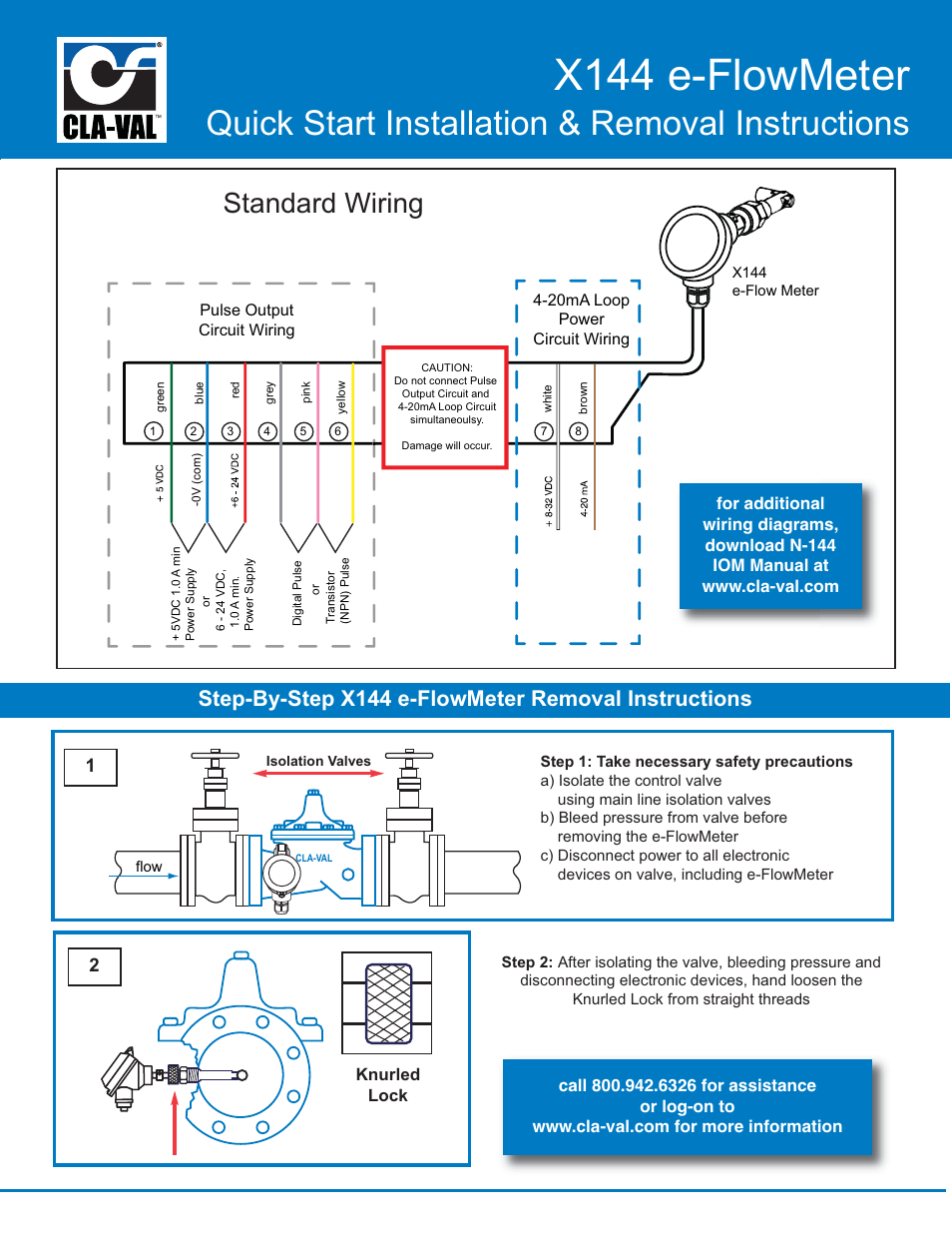 X144 e-flowmeter, Quick start installation & removal instructions, Standard wiring | Step-by-step x144 e-flowmeter removal instructions, Knurled lock | Cla-Val X144 Quick Manual User Manual | Page 3 / 4