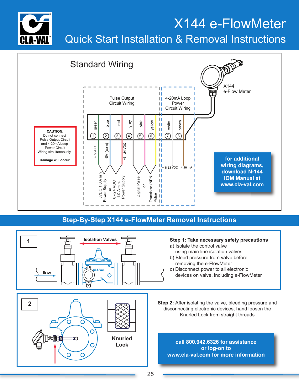 N-x144_iom_28, X144 e-flowmeter, Quick start installation & removal instructions | Standard wiring, Step-by-step x144 e-flowmeter removal instructions, Knurled lock | Cla-Val X144 Technical Manual User Manual | Page 28 / 30