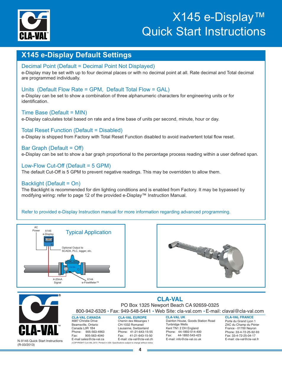 X145 e-display™ quick start instructions, X145 e-display default settings, Cla-val | Time base (default = min), Total reset function (default = disabled), Bar graph (default = off), Low-flow cut-off (default = 5 gpm), Backlight (default = on), Typical application | Cla-Val X145 Quick Manual User Manual | Page 4 / 4