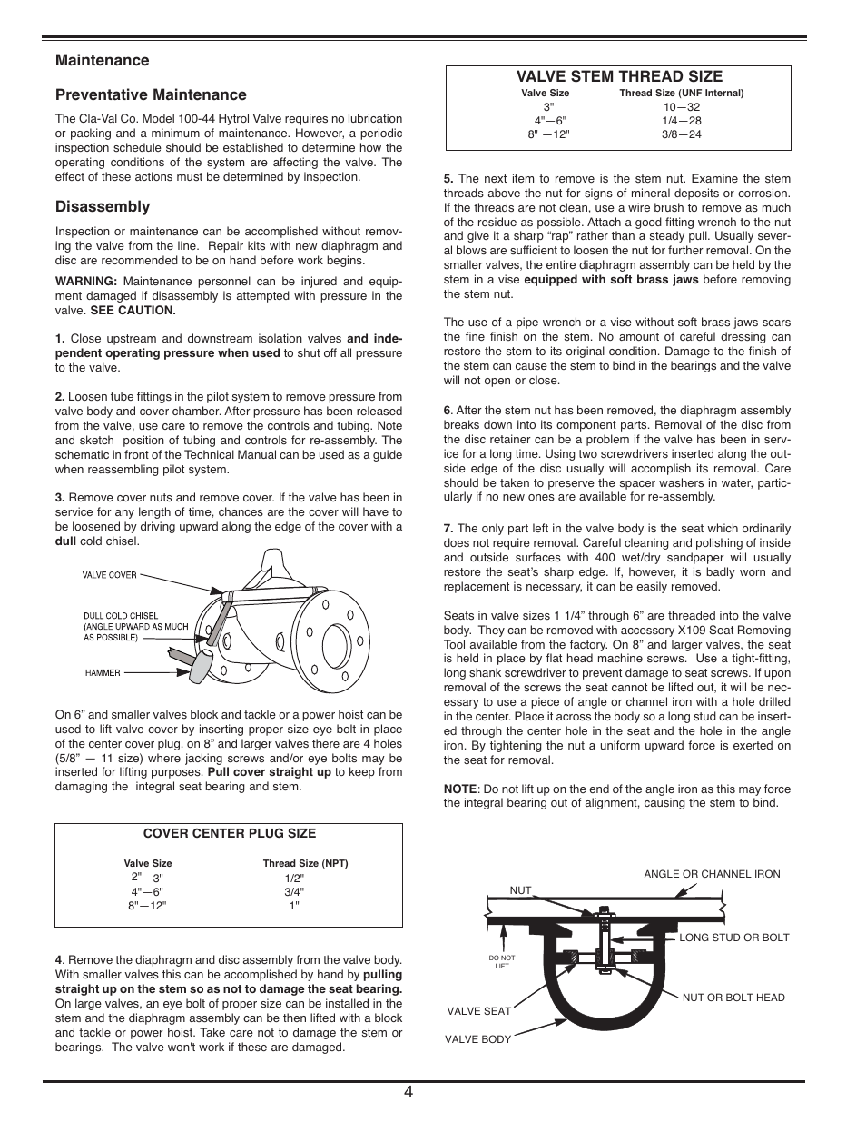 N-100-44_4, Maintenance preventative maintenance, Disassembly | Valve stem thread size | Cla-Val 100-44 User Manual | Page 4 / 6