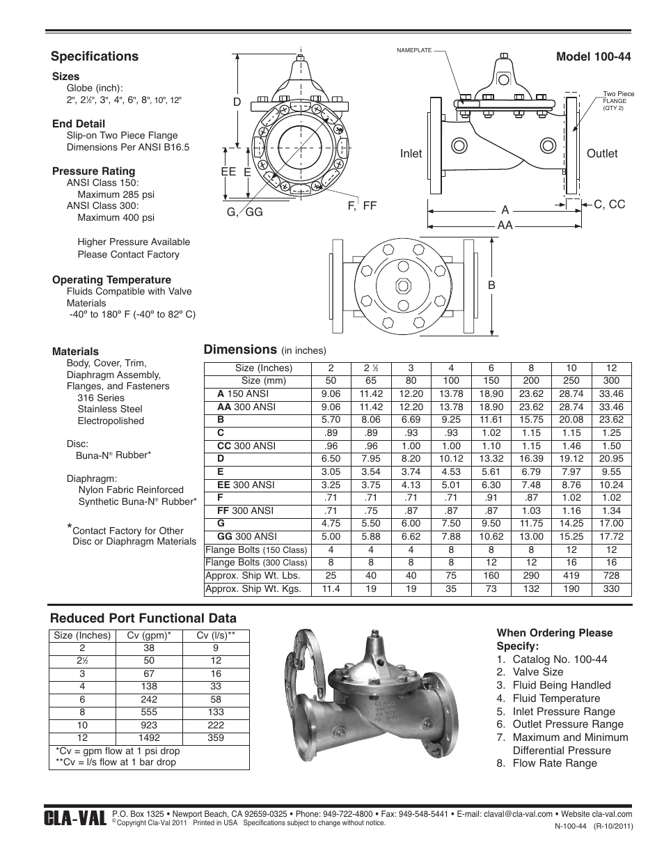 N-100-44_6, Cla-val, Specifications reduced port functional data | Dimensions | Cla-Val 100-44 User Manual | Page 6 / 6