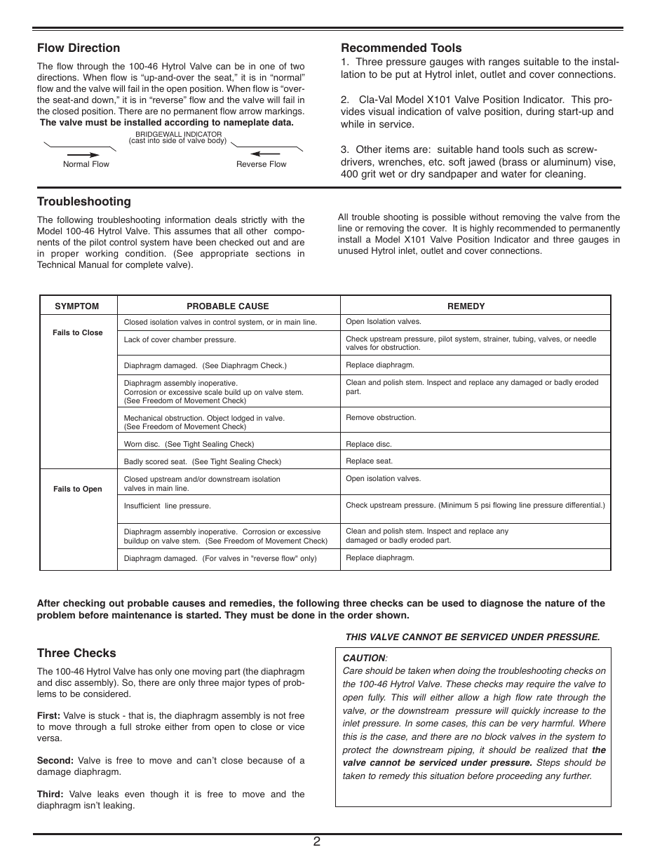 Flow direction, Troubleshooting, Three checks | Recommended tools | Cla-Val 100-46 User Manual | Page 2 / 6