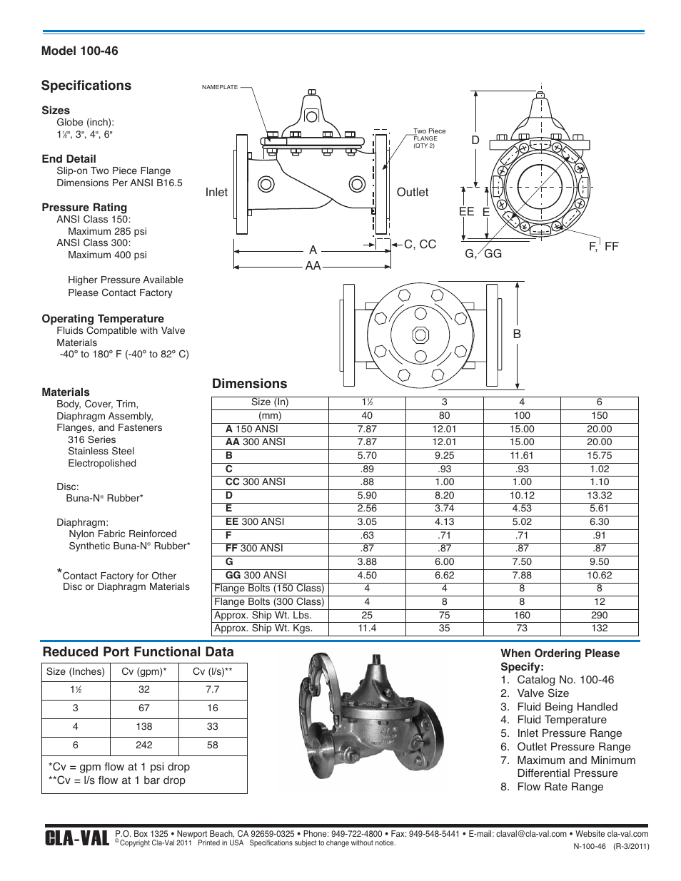 Cla-val, Specifications, Dimensions | Reduced port functional data | Cla-Val 100-46 User Manual | Page 6 / 6