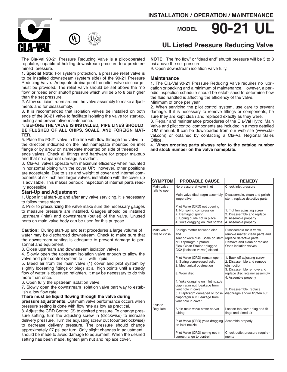 Cla-Val 90-21 Quick Manual User Manual | 2 pages