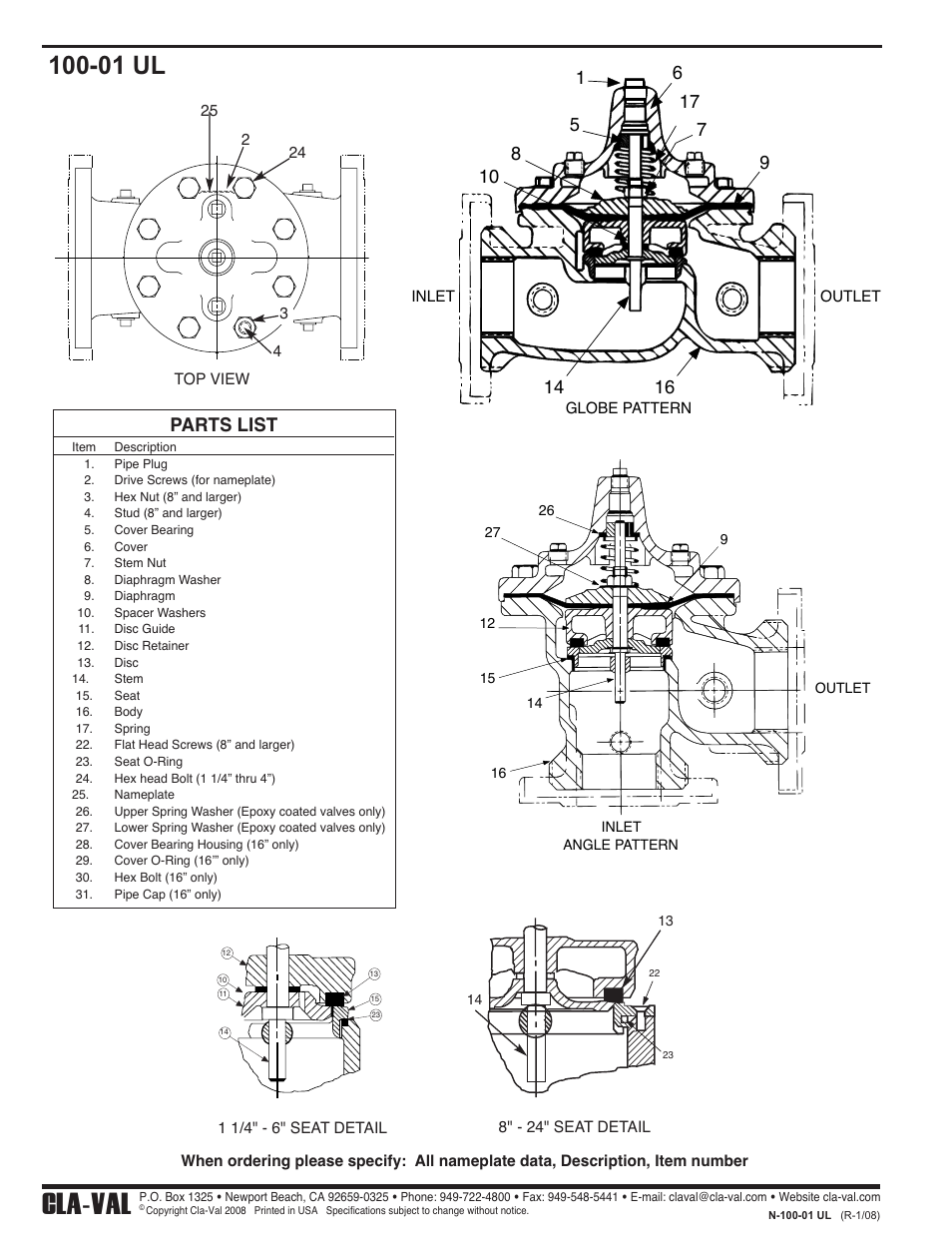 Cla-val, 01 ul, Parts list | Cla-Val 90-21 Technical Manual User Manual | Page 11 / 27