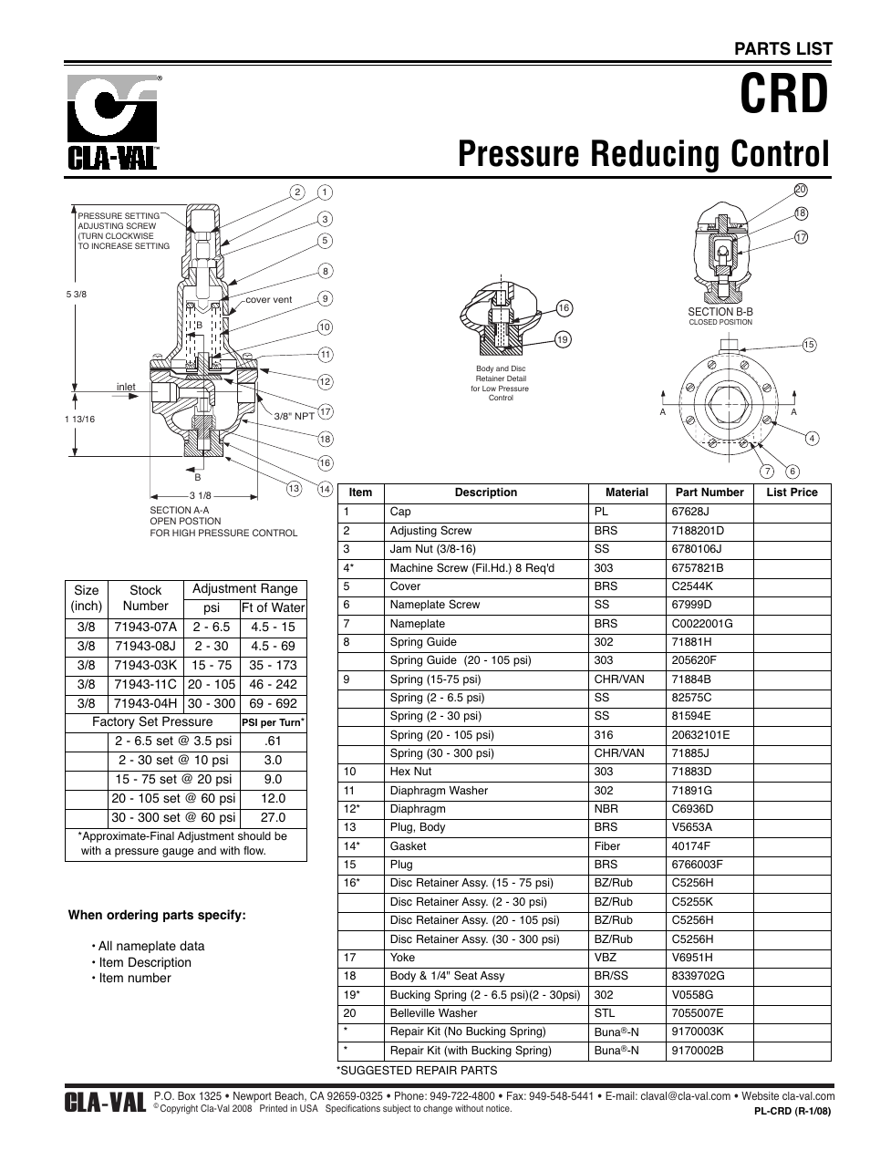 Pressure reducing control, Cla-val, Parts list | Cla-Val 90-21 Technical Manual User Manual | Page 18 / 27