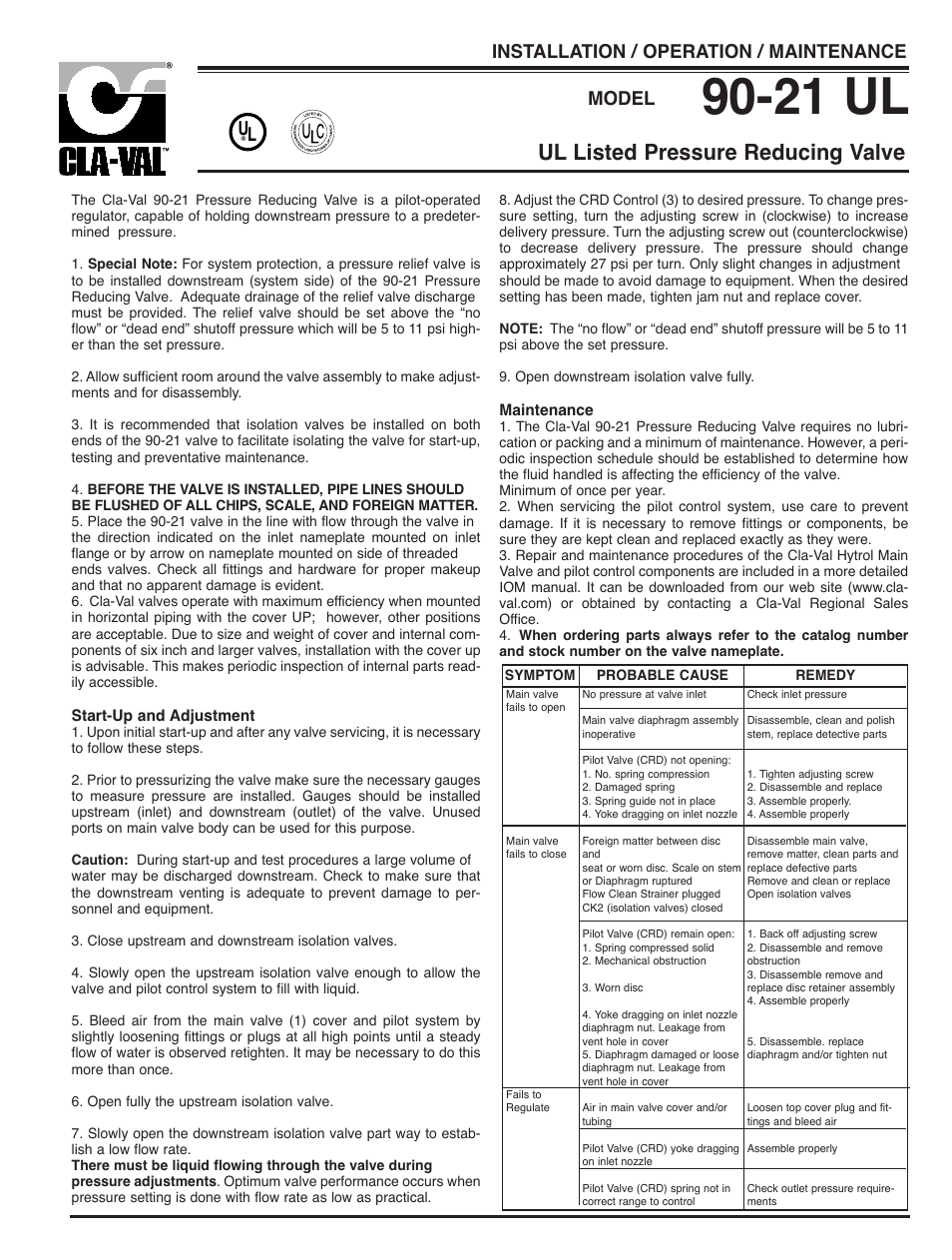 21 ul, Ul listed pressure reducing valve, Installation / operation / maintenance | Model | Cla-Val 90-21 Technical Manual User Manual | Page 2 / 27