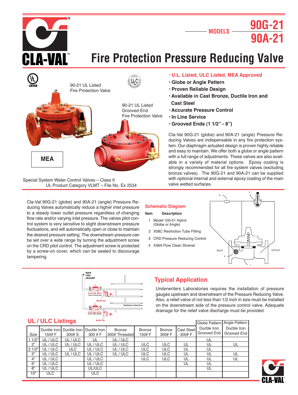 Fire protection pressure reducing valve, Models, Typical application | Mea ul / ulc listings | Cla-Val 90-21 Technical Manual User Manual | Page 6 / 27