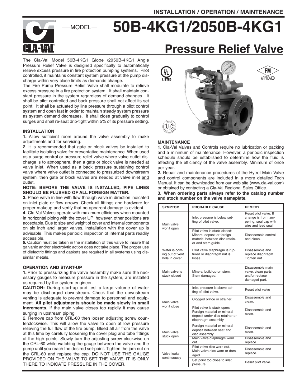 Cla-Val 50B-4KG1/2050B-4KG1 Quick Manual User Manual | 2 pages