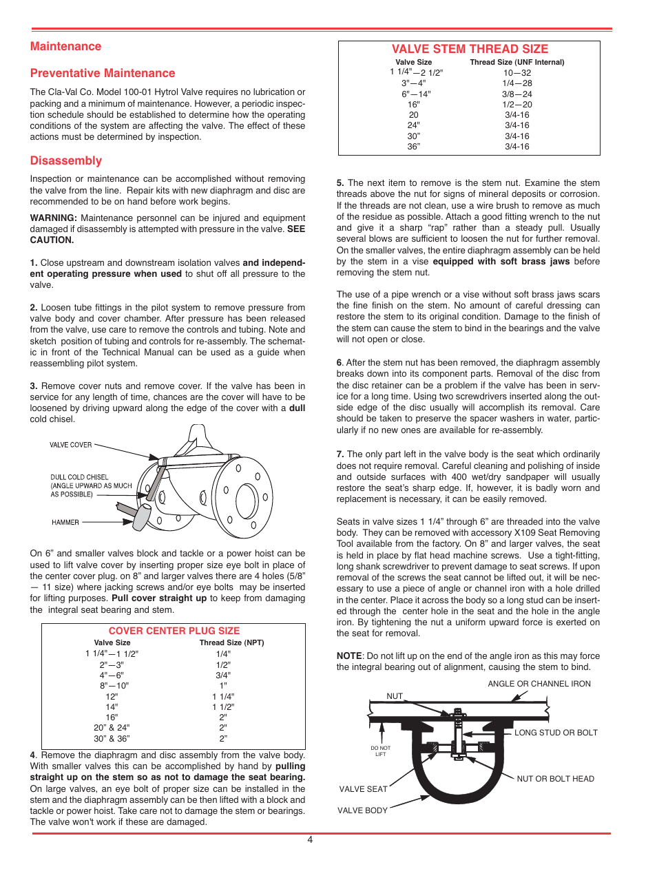 Maintenance preventative maintenance, Disassembly, Valve stem thread size | Cla-Val 50B-4KG1/2050B-4KG1 Technical Manual User Manual | Page 11 / 30