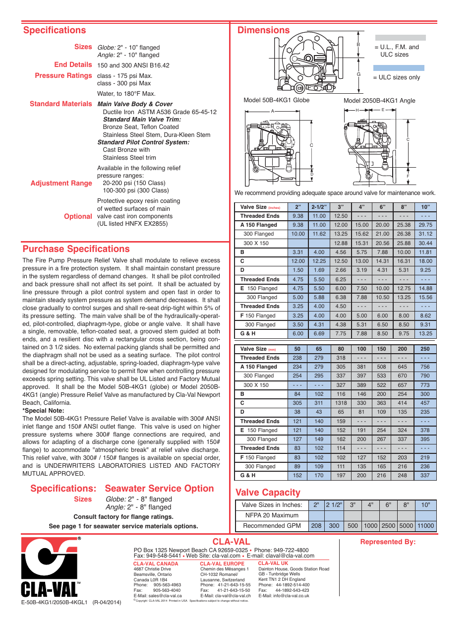 Specifications: seawater service option, Specifications, Dimensions | Purchase specifications, Valve capacity, Cla-val | Cla-Val 50B-4KG1/2050B-4KG1 Technical Manual User Manual | Page 17 / 30