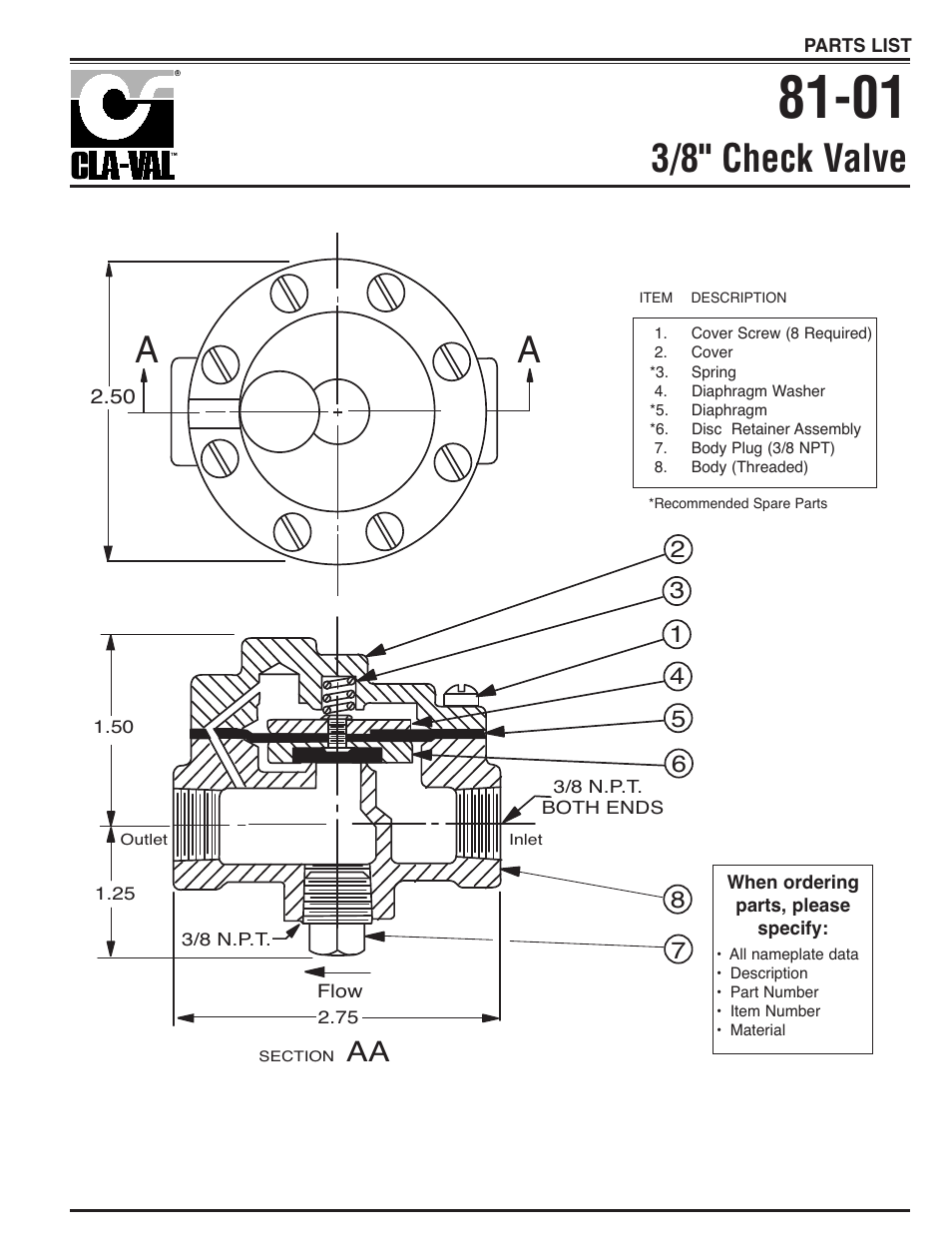 3/8" check valve | Cla-Val 50B-4KG1/2050B-4KG1 Technical Manual User Manual | Page 24 / 30