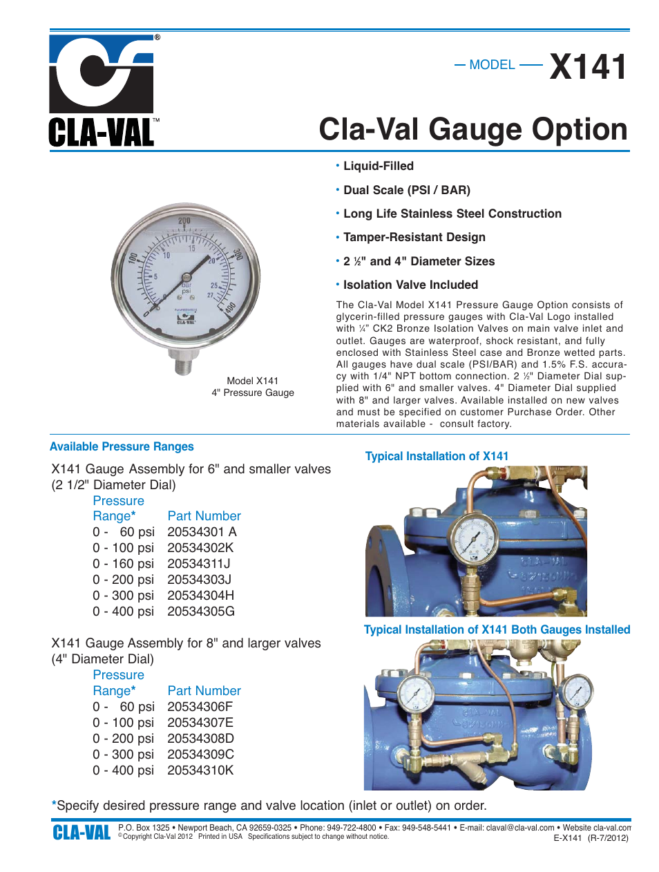 X141, Cla-val gauge option, Cla-val | Cla-Val 50B-4KG1/2050B-4KG1 Technical Manual User Manual | Page 26 / 30