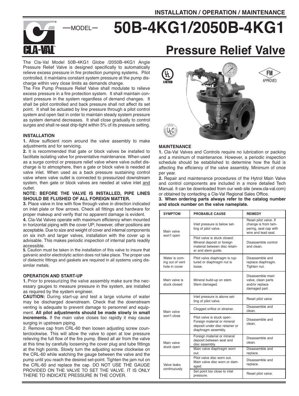 Pressure relief valve, Model installation / operation / maintenance | Cla-Val 50B-4KG1/2050B-4KG1 Technical Manual User Manual | Page 4 / 30