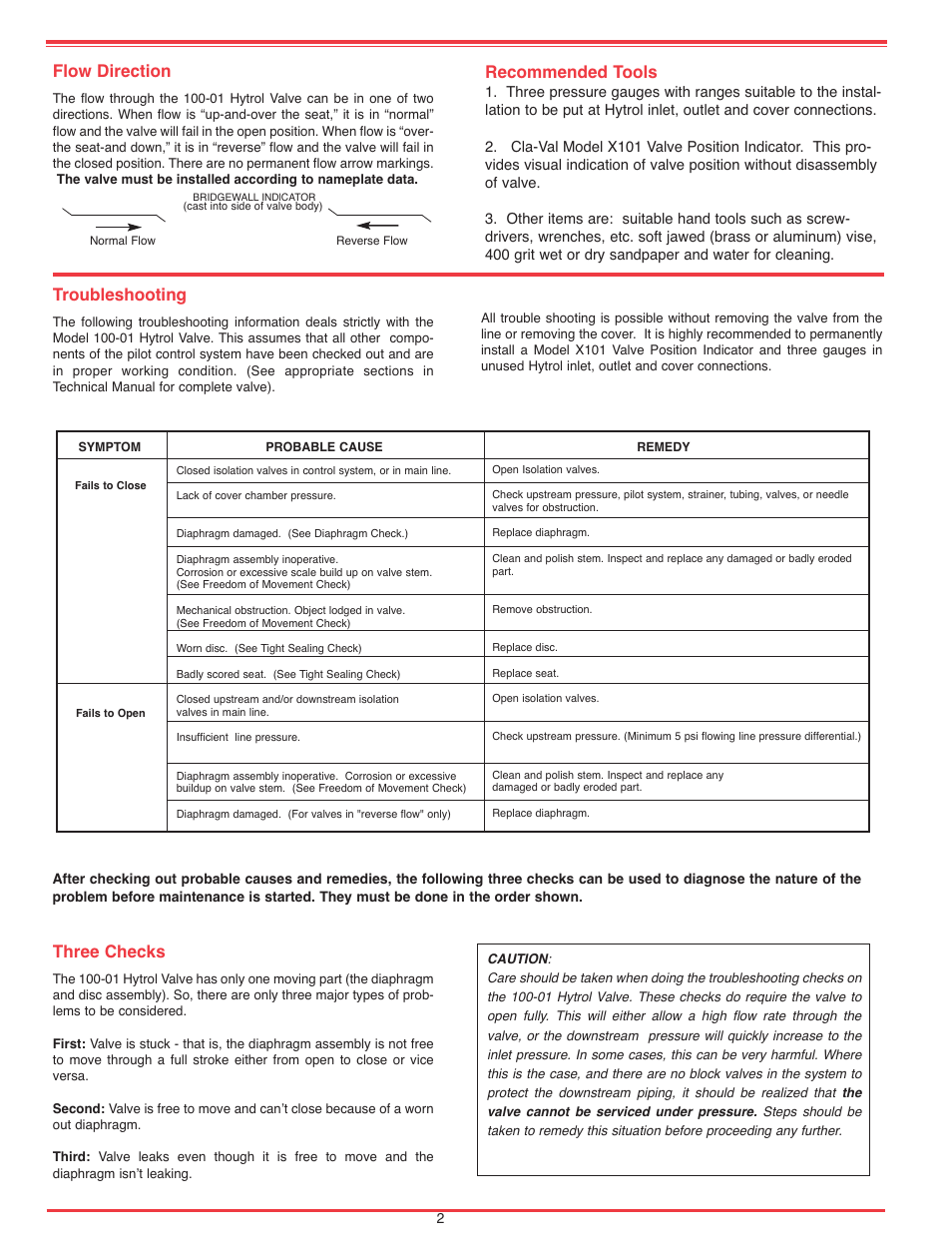 Flow direction, Troubleshooting, Three checks | Recommended tools | Cla-Val 50B-4KG1/2050B-4KG1 Technical Manual User Manual | Page 9 / 30