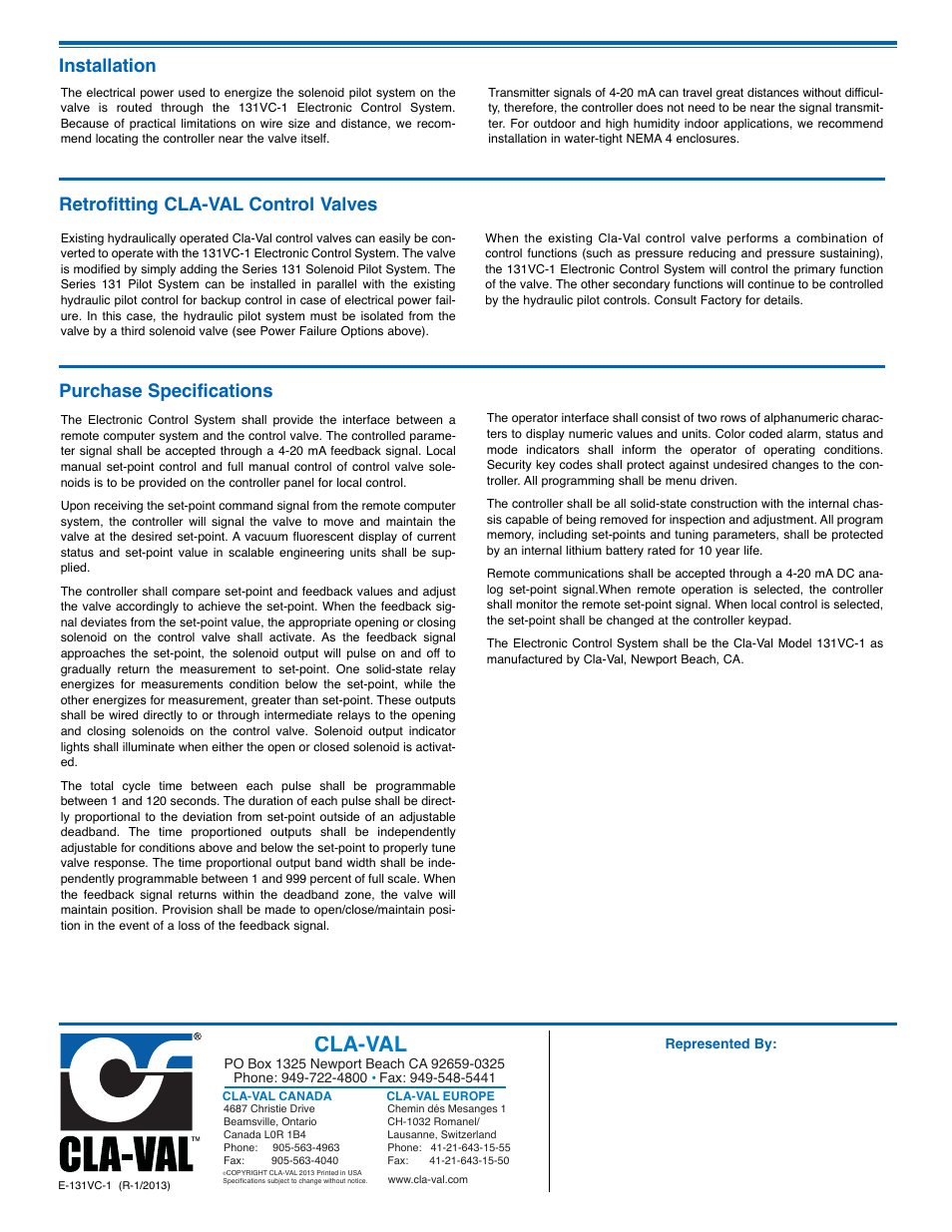 Cla-val, Purchase specifications, Installation retrofitting cla-val control valves | Cla-Val 131VC Series User Manual | Page 8 / 8