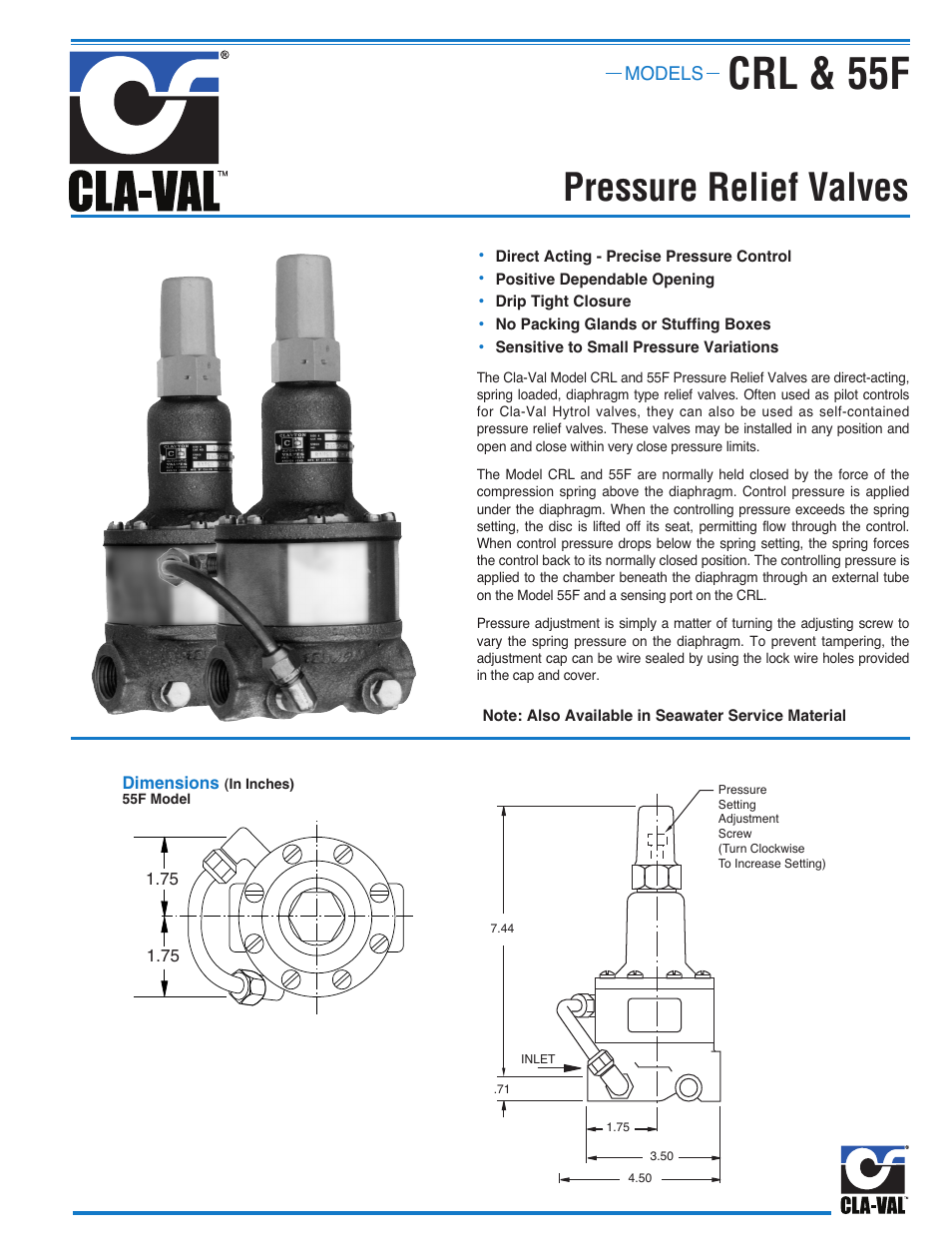 Crl & 55f, Pressure relief valves | Cla-Val CRL & 55F User Manual | Page 2 / 3