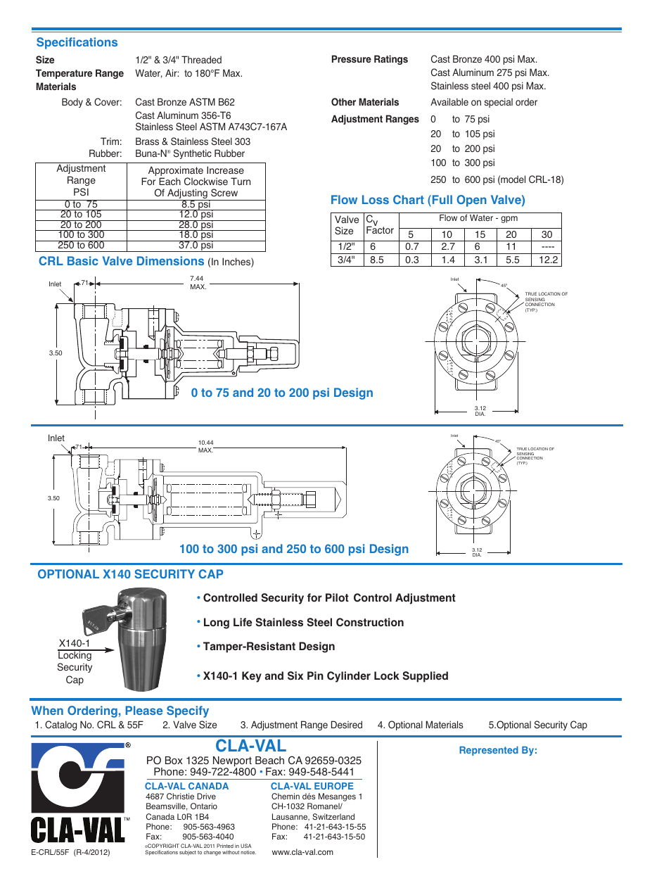 Cla-val, When ordering, please specify, Optional x140 security cap | Cla-Val CRL & 55F User Manual | Page 3 / 3