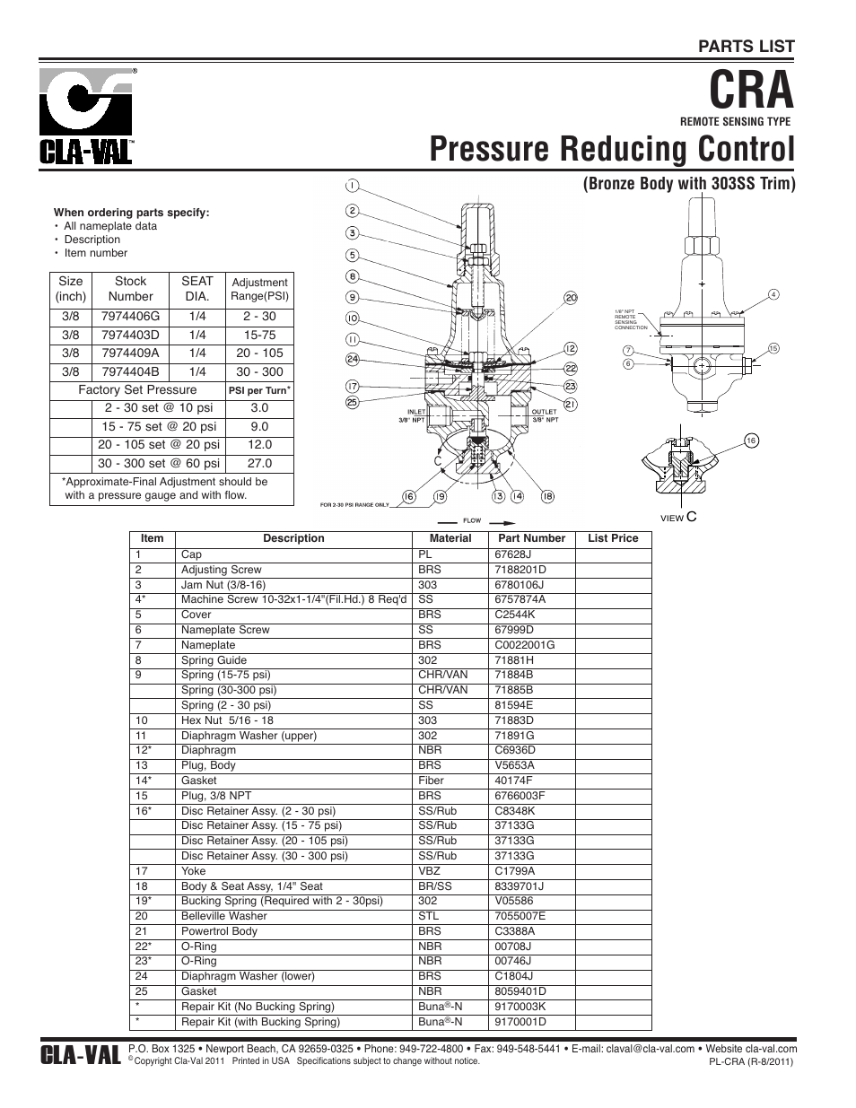 Pressure reducing control, Cla-val, Parts list | Bronze body with 303ss trim) | Cla-Val CRA User Manual | Page 2 / 2