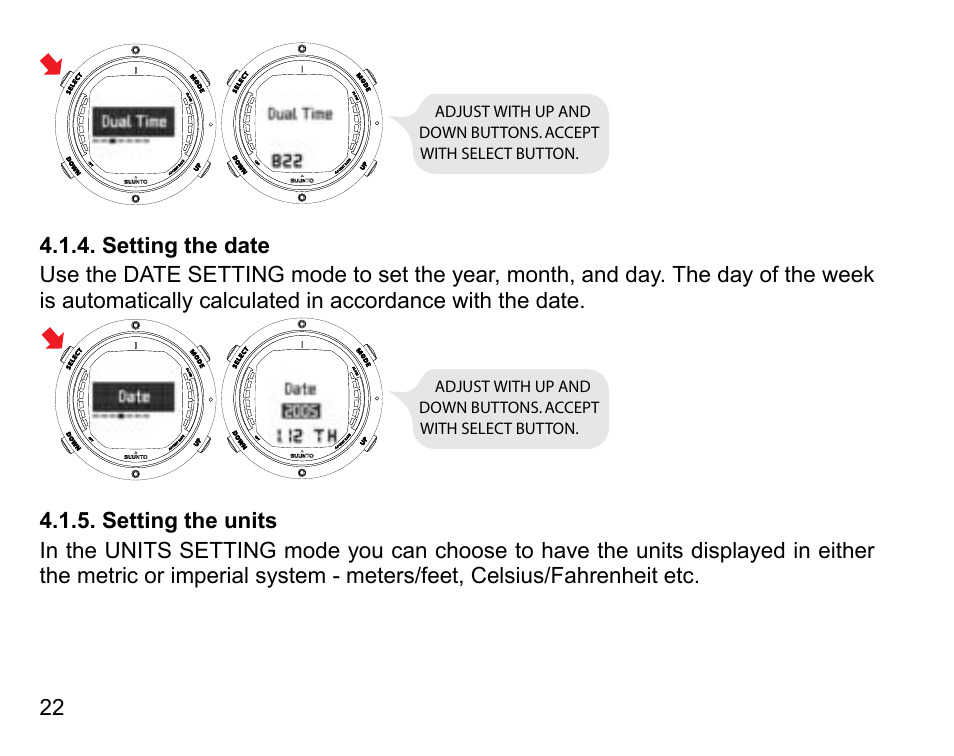Setting the date, Setting the units, 22 4.1.5. setting the units | SUUNTO D6 User Manual | Page 22 / 109