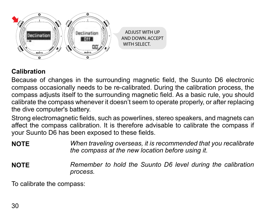 Calibration | SUUNTO D6 User Manual | Page 30 / 109