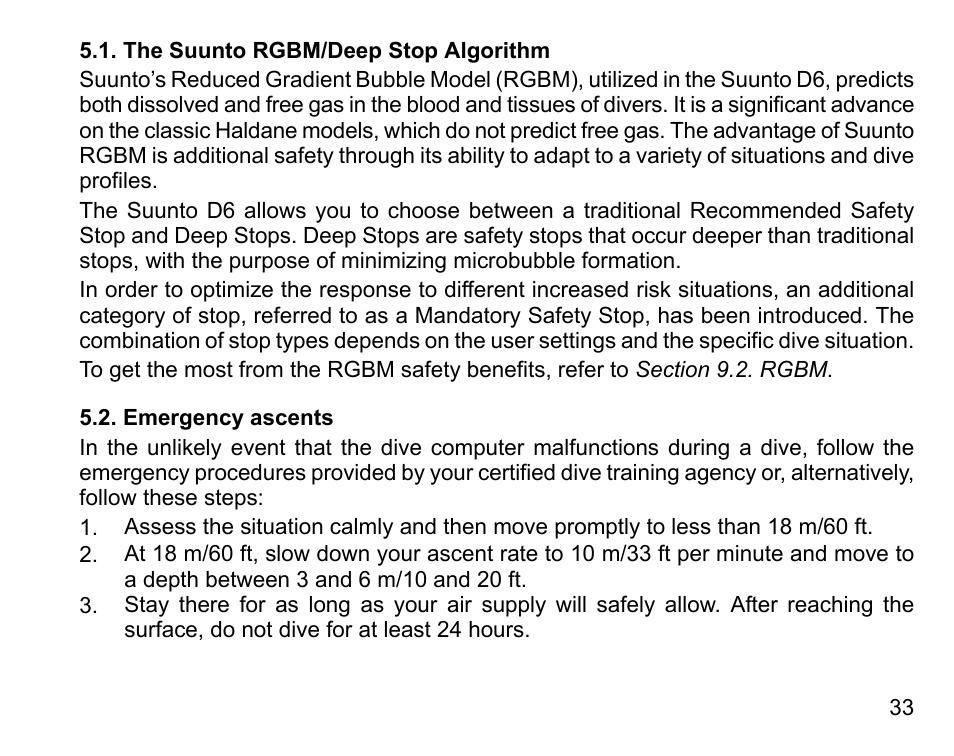 The suunto rgbm/deep stop algorithm, Emergency ascents, 33 5.2. emergency ascents | SUUNTO D6 User Manual | Page 33 / 109