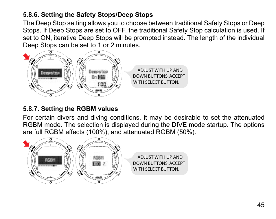 Setting the safety stops/deep stops, Setting the rgbm values, 45 5.8.7. setting the rgbm values | SUUNTO D6 User Manual | Page 45 / 109