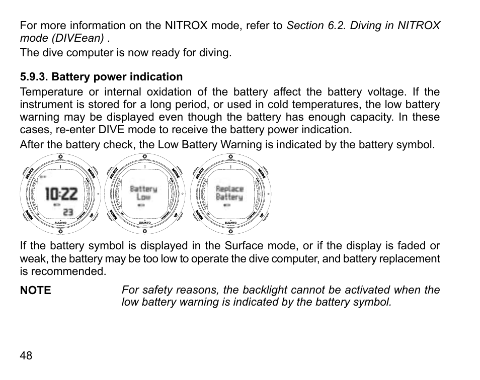 Battery power indication | SUUNTO D6 User Manual | Page 48 / 109