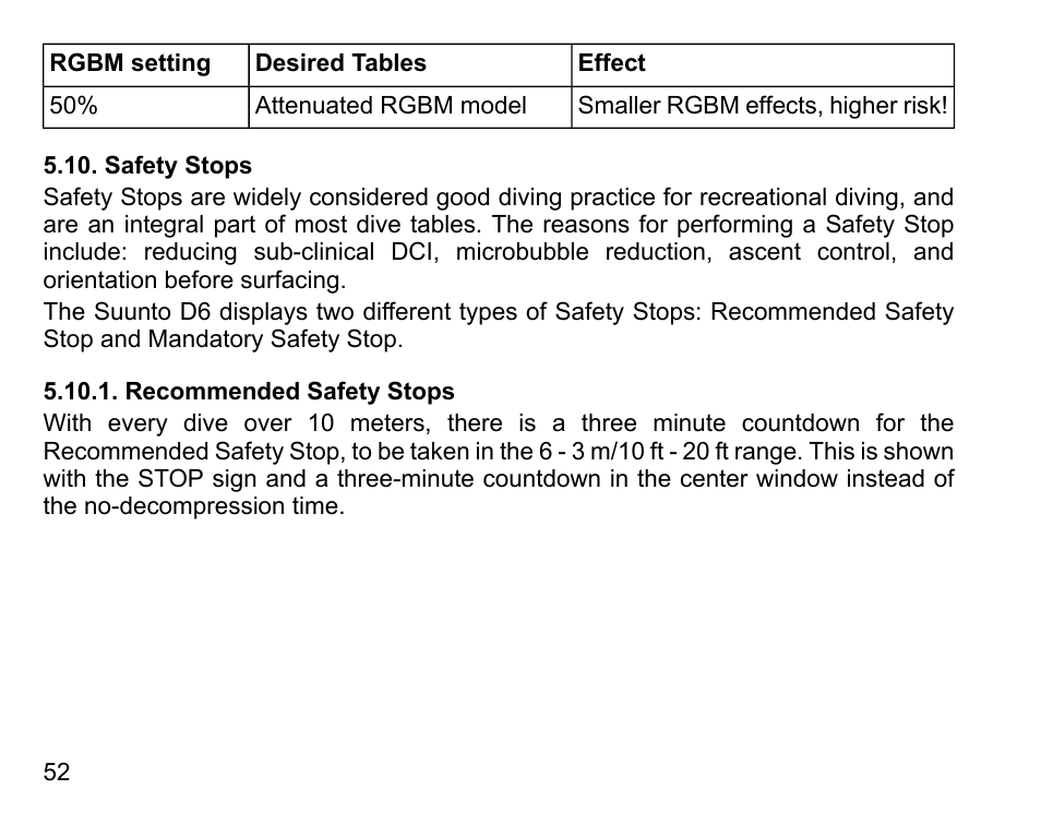 Safety stops, Recommended safety stops | SUUNTO D6 User Manual | Page 52 / 109