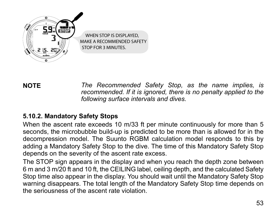 Mandatory safety stops | SUUNTO D6 User Manual | Page 53 / 109