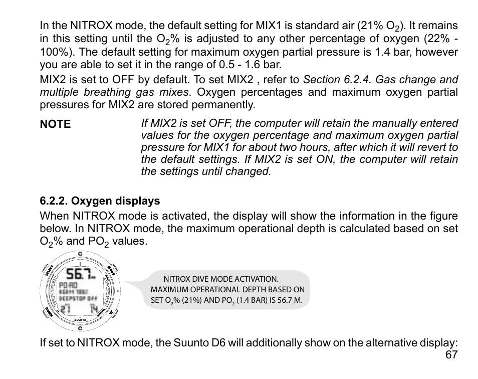 Oxygen displays | SUUNTO D6 User Manual | Page 67 / 109