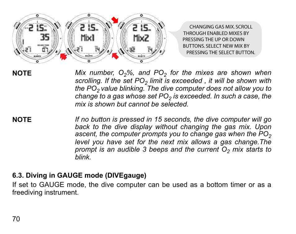 Diving in gauge mode (divegauge) | SUUNTO D6 User Manual | Page 70 / 109