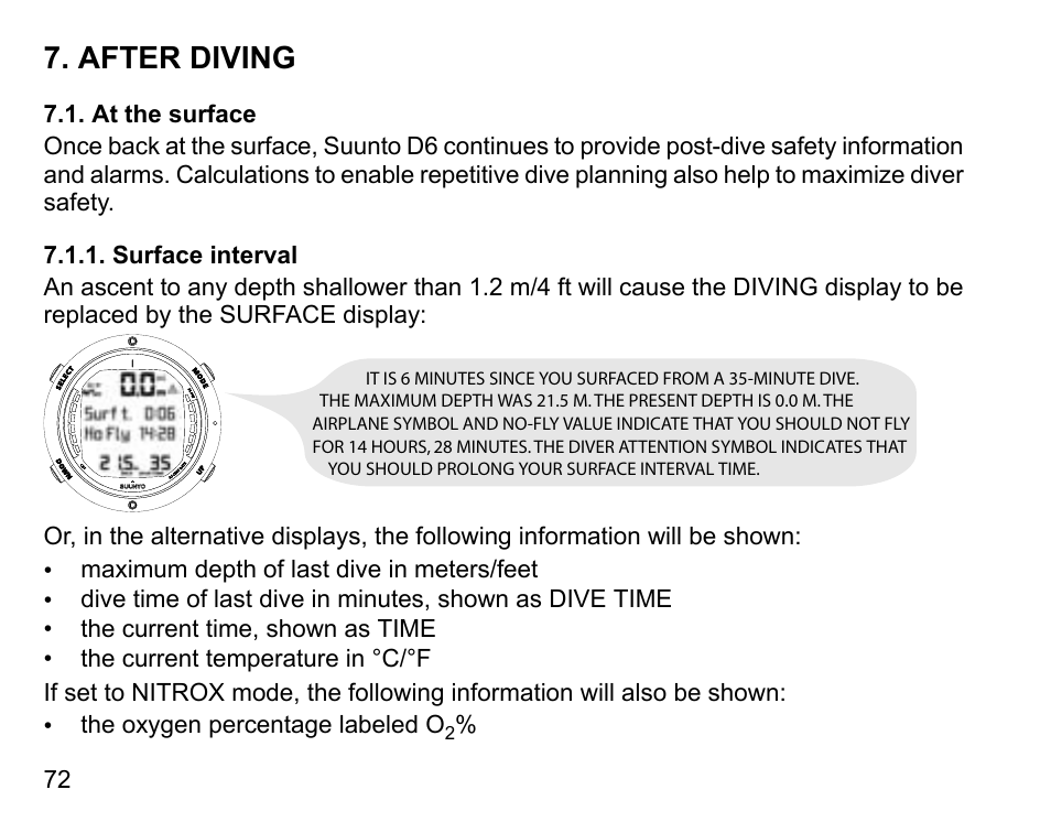 After diving, At the surface, Surface interval | SUUNTO D6 User Manual | Page 72 / 109