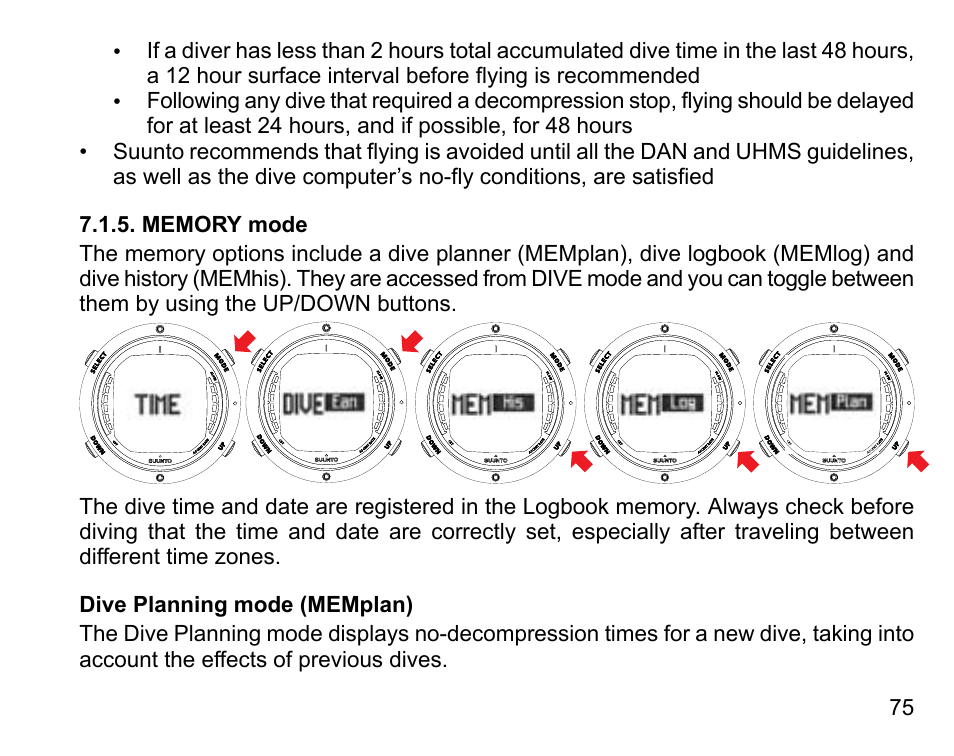 Memory mode, Dive planning mode (memplan) | SUUNTO D6 User Manual | Page 75 / 109