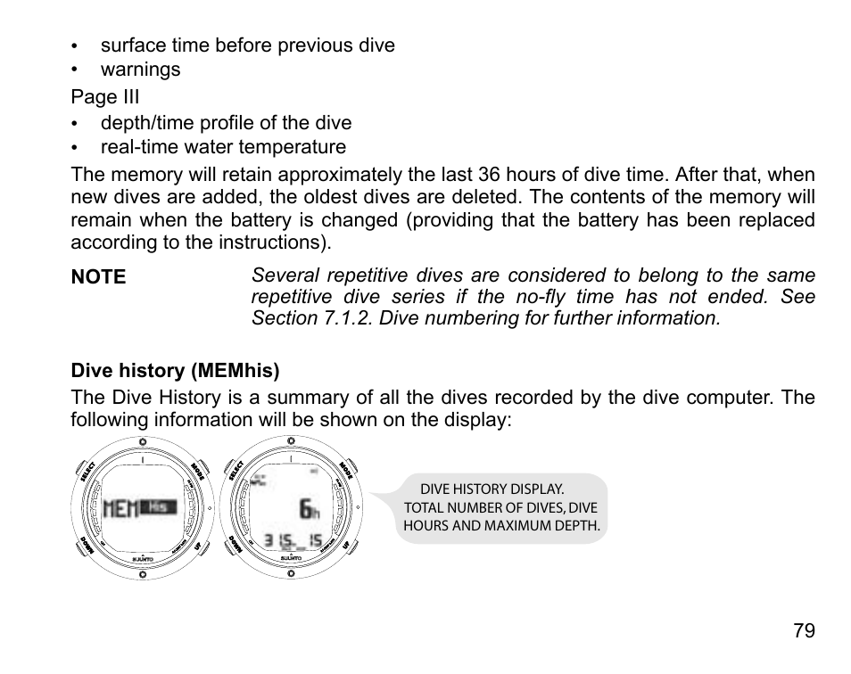 Dive history (memhis) | SUUNTO D6 User Manual | Page 79 / 109