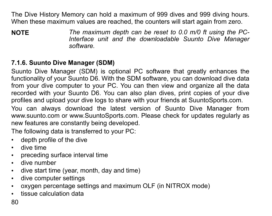 Suunto dive manager (sdm) | SUUNTO D6 User Manual | Page 80 / 109