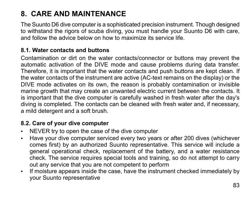 Care and maintenance, Water contacts and buttons, Care of your dive computer | 83 8.2. care of your dive computer | SUUNTO D6 User Manual | Page 83 / 109