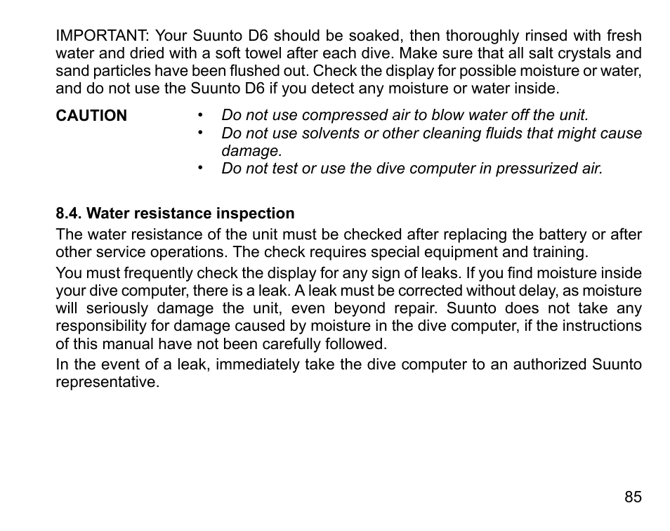 Water resistance inspection | SUUNTO D6 User Manual | Page 85 / 109