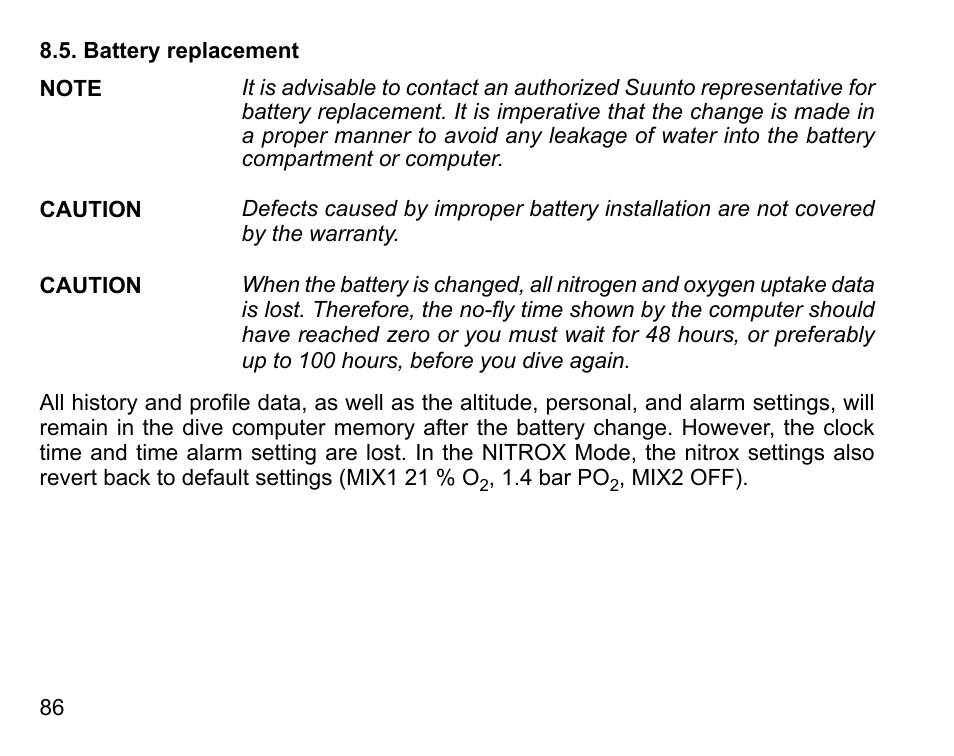 Battery replacement | SUUNTO D6 User Manual | Page 86 / 109