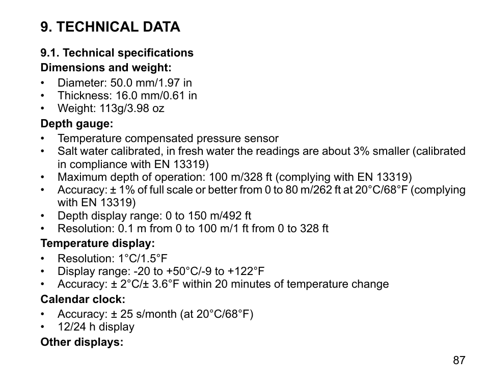 Technical data, Technical specifications | SUUNTO D6 User Manual | Page 87 / 109