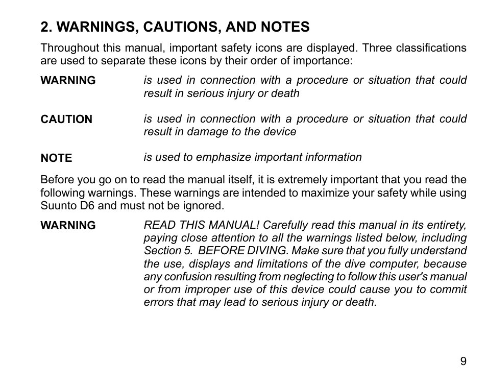 Warnings, cautions, and notes | SUUNTO D6 User Manual | Page 9 / 109