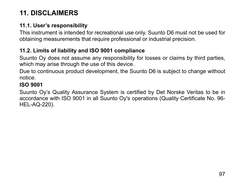 Disclaimers, User’s responsibility, Limits of liability and iso 9001 compliance | SUUNTO D6 User Manual | Page 97 / 109