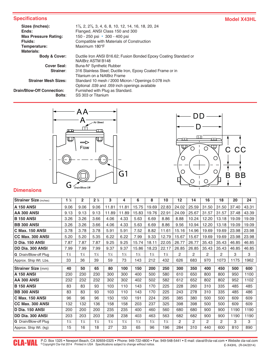 Cla-val, Dimensions, Specifications model x43hl | Cla-Val X43HL User Manual | Page 2 / 2