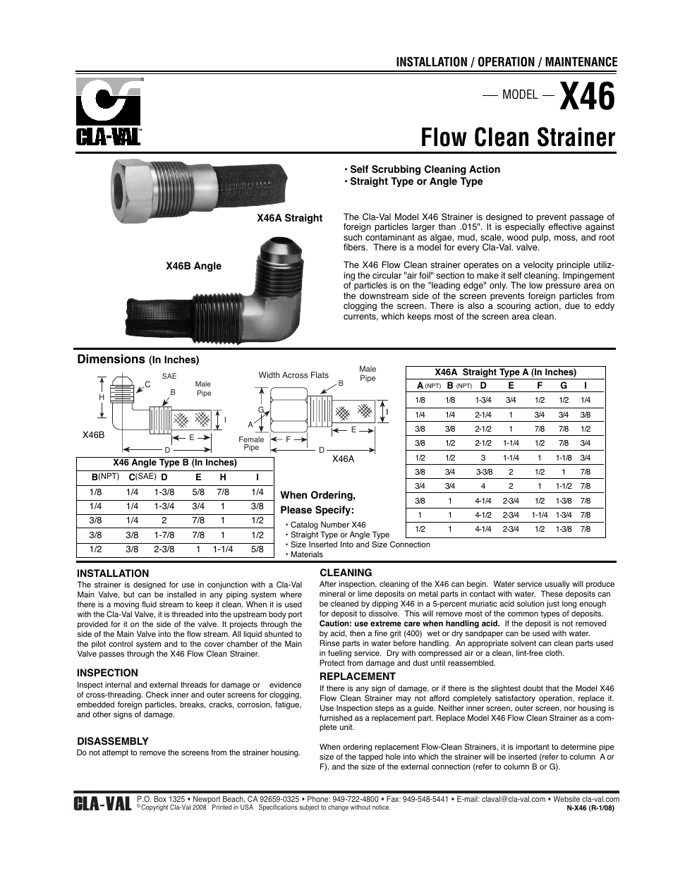 Flow clean strainer, Cla-val, Dimensions | Model installation / operation / maintenance | Cla-Val 414-01 User Manual | Page 6 / 14