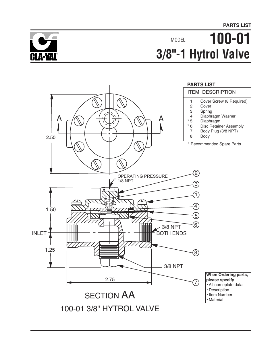 3/8"-1 hytrol valve, 01 3/8" hytrol valve | Cla-Val 414-01 User Manual | Page 9 / 14